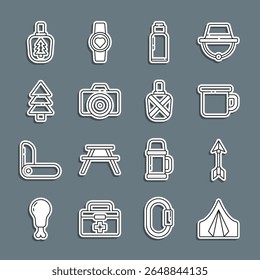 Set line Tourist tent, Hipster arrow, Camping metal mug, Canteen water bottle, Photo camera, Tree,  and  icon. Vector
