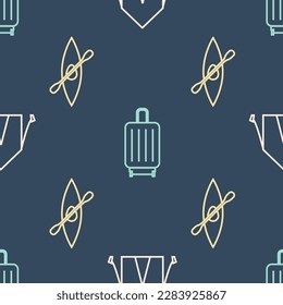Set line Tourist tent, Kayak or canoe and paddle and Suitcase on seamless pattern. Vector