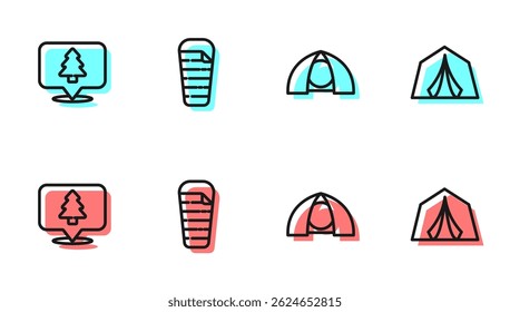 Set line Tourist tent, Location of the forest, Sleeping bag and  icon. Vector