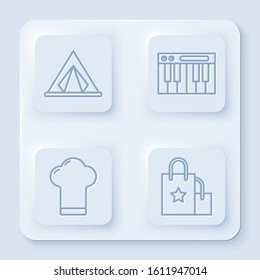 Set line Tourist tent, Music synthesizer, Chef hat and Paper shopping bag. White square button. Vector