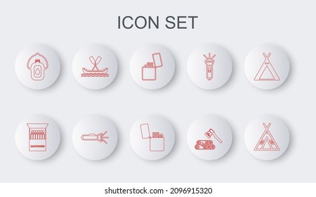 Set line Tourist tent, Open matchbox and matches, Lighter, Wooden axe wood, Canteen water bottle, Rafting boat, Flashlight and  icon. Vector
