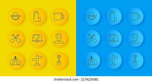 Set line Tourist tent, Paddle, Rv Camping trailer, Shovel, Location, hat, metal mug and Thermos container icon. Vector