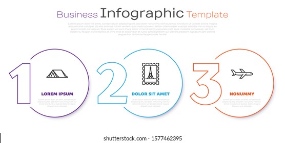 Set line Tourist tent, Postal stamp and Eiffel tower and Plane. Business infographic template. Vector