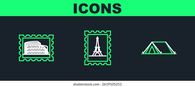 Set line Tourist tent, Postal stamp and Coliseum and Eiffel tower icon. Vector