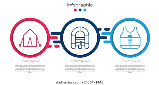 Set line Tourist tent, Rafting boat and Life jacket. Business infographic template. Vector