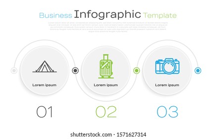 Set line Tourist tent, Suitcase for travel and stickers and Photo camera. Business infographic template. Vector