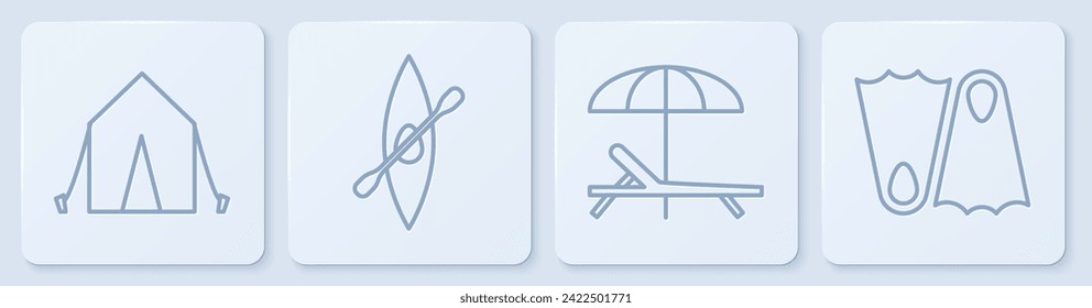 Set line Tourist tent, Sunbed and umbrella, Kayak or canoe and paddle and Rubber flippers. White square button. Vector