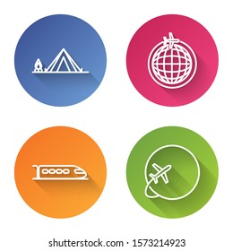 Set line Tourist tent with wood fire, Globe with flying plane, Train and Globe with flying plane. Color circle button. Vector