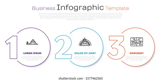 Set line Tourist tent with wood fire, Globe with flying plane and Passport pages with visa stamps. Business infographic template. Vector