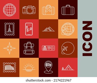 Set line Tourist tent with wood fire, Globe flying plane, Suitcase for travel and stickers, Infographic of city map navigation, Postal stamp Eiffel tower, Earth globe and Egypt pyramids icon. Vector