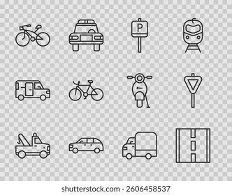 Set line Tow truck, Road, Parking, Hatchback car, Bicycle, Delivery cargo and traffic signpost icon. Vector