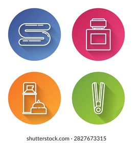 Set line Towel, Aftershave, Shaving gel foam and Curling iron for hair. Color circle button. Vector