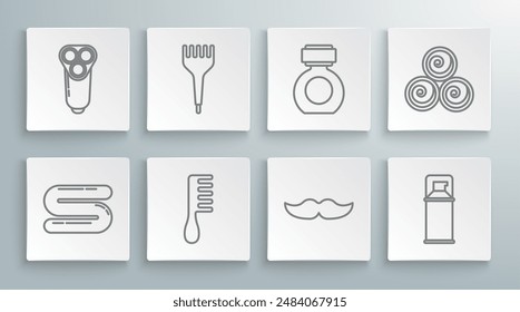 Set line Towel, Hairbrush, Mustache, Shaving gel foam, Aftershave, rolls and Electric razor blade for men icon. Vector