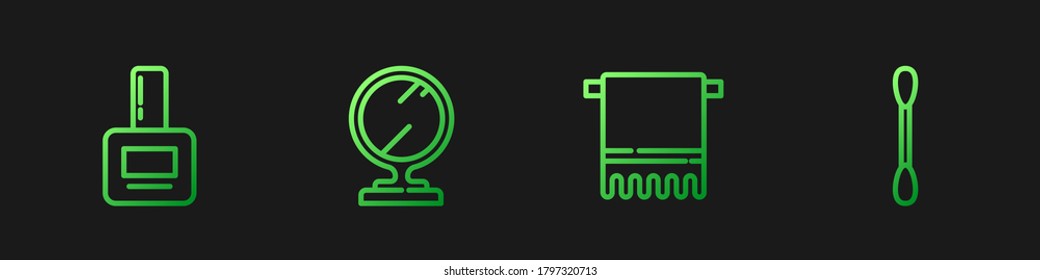 Set line Towel on a hanger, Nail polish bottle, Round makeup mirror and Cotton swab for ears. Gradient color icons. Vector