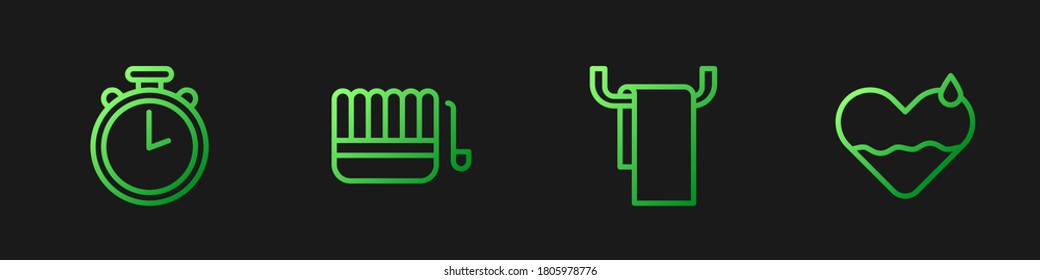 Set line Towel on a hanger, Stopwatch, Sauna bucket and ladle and Heart heal. Gradient color icons. Vector