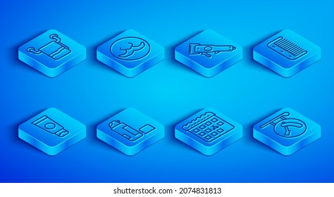 Set line Towel on a hanger, Mustache, Electrical hair clipper, Shaving gel foam, Calendar with haircut day, Hairbrush, Cream cosmetic tube and Barbershop razor icon. Vector