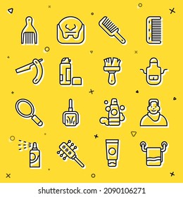 Ponga la toalla en una percha, Cliente en barbería, Barber delantal, Arroyo de pelo, espuma de gel de oso, afeitadora, Barrette e ícono. Vector