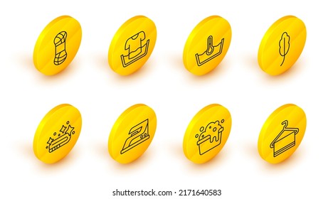 Set line Towel on hanger, Basin with soap suds, Electric iron, stack, Feather, Temperature wash, shirt and Yarn icon. Vector