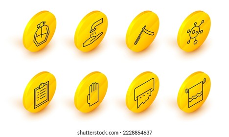 Set line Towel on a hanger, Paper towel dispenser wall, Rubber gloves, Clipboard with checklist, Virus, Straight razor, Washing hands soap and Perfume icon. Vector