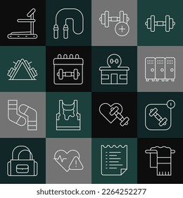 Set line Towel on hanger, Fitness app, Locker or changing room, Dumbbell, Calendar fitness, Metal rack with weight, Treadmill machine and Gym building icon. Vector