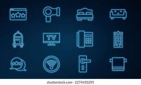 Set line Towel on hanger, Hotel building, room bed, Smart Tv, Suitcase, Five stars rating review, Telephone handset and Hair dryer icon. Vector