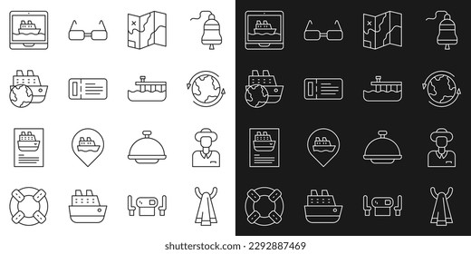 Set line Towel on a hanger, Tourist, Worldwide, Folded map, Cruise ticket, ship,  and Beach pier dock icon. Vector