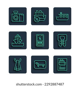 Set line Towel on a hanger, Sunbed and umbrella, Cruise ship, Beach pier dock, ticket, Photo camera and Life jacket icon. Vector