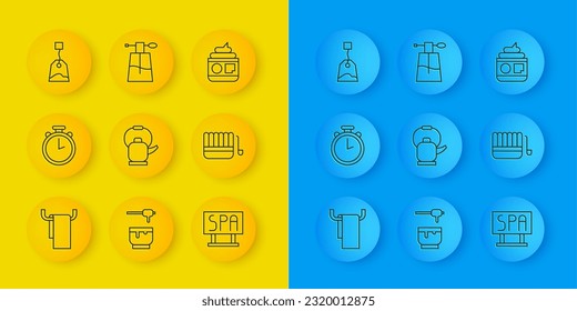 Set line Towel on a hanger, Stopwatch, Kettle with handle, Spa salon signboard, Sauna bucket ladle, Tea bag, Cream or lotion cosmetic tube and Perfume icon. Vector