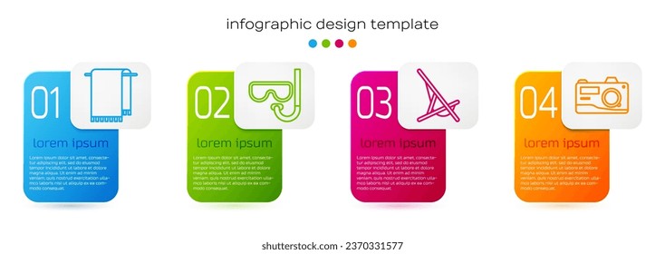 Set line Towel on a hanger, Diving mask and snorkel, Sunbed and Photo camera. Business infographic template. Vector