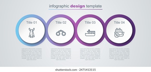 Set line Towel on a hanger, Binoculars, Beach pier dock and Cruise ship. Business infographic template. Vector