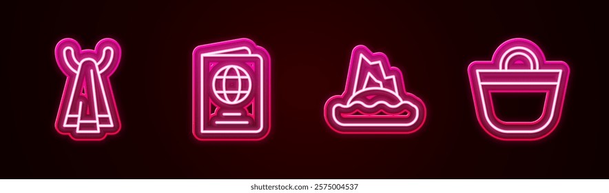 Set line Towel on a hanger, Passport, Tropical island in ocean and Beach bag. Glowing neon icon. Vector
