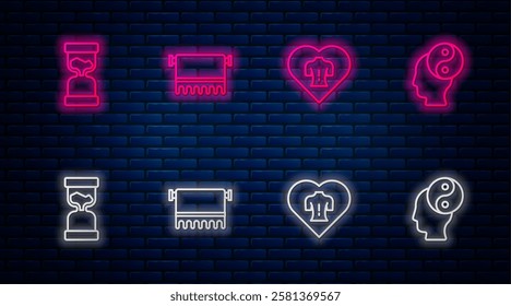 Set line Towel on hanger, Massage, Old hourglass and Yin Yang. Glowing neon icon on brick wall. Vector