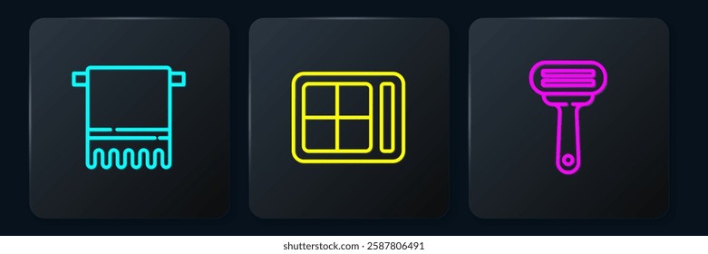 Set line Towel on a hanger, Shaving razor and Eye shadow palette. Black square button. Vector