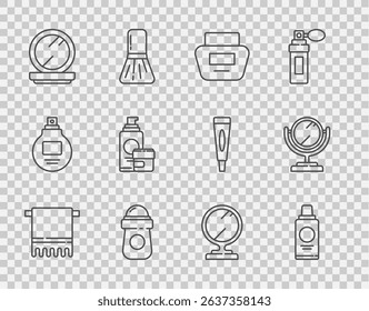 Set line Towel on a hanger, Bottle of shampoo, Cream or lotion cosmetic tube, Antiperspirant deodorant roll, Makeup powder with mirror, Round makeup and  icon. Vector