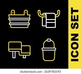 Set line Towel on a hanger, Sauna bucket, wood bench and  icon. Vector