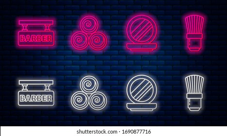 Set line Towel rolls, Makeup powder with mirror, Barbershop and Shaving brush. Glowing neon icon on brick wall. Vector