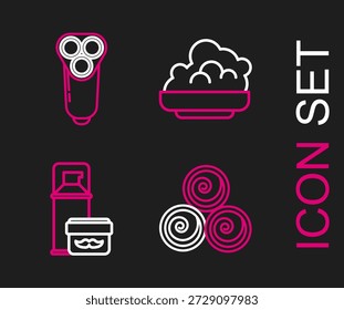 Set line Rollos de toalla, espuma de gel de afeitar y cuchilla de afeitar eléctrica para hombres icono. Vector