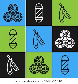 Set line Towel rolls, Straight razor and Classic Barber shop pole icon. Vector