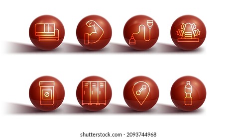 Set line Towel stack, Anabolic drugs, Metal rack with weights, Location gym, Locker or changing room, Bodybuilder muscle, Bottle of water and Chest expander icon. Vector