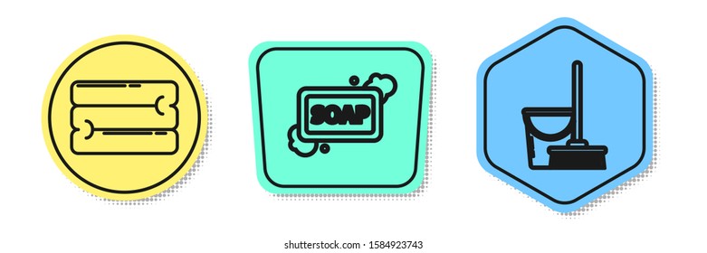Set line Towel stack , Bar of soap with foam  and Mop and bucket . Colored shapes. Vector