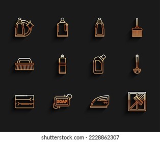 Set line Towel stack, Bar of soap with foam, Plastic bottles for liquid dishwashing liquid, Electric iron, Squeegee, scraper, wiper, Toilet brush and  icon. Vector