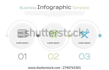 Set line Towel stack, Basin with soap suds and Iron and ironing board. Business infographic template. Vector