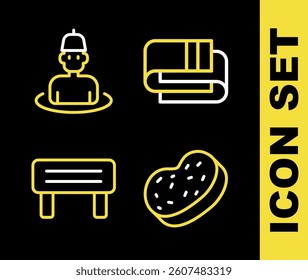 Set line Towel stack, Bath sponge, Sauna wood bench and Man in the sauna icon. Vector