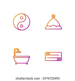 Set line Towel stack, Bathtub, Yin Yang and Sauna hat. Gradient color icons. Vector