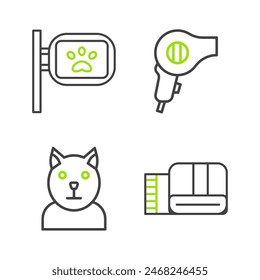 Set line Towel stack, Cat, Hair dryer and Pet grooming icon. Vector