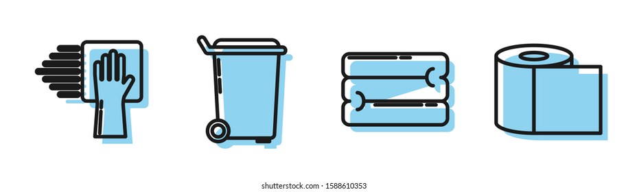 Set line Towel stack , Cleaning service , Trash can  and Toilet paper roll  icon. Vector