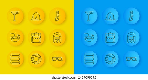 Set line Towel stack, Coconut cocktail, Hiking backpack, Glasses, Rafting boat, Martini glass, Meteorology thermometer and Tourist tent icon. Vector