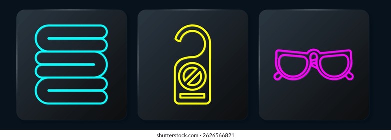 Set line Towel stack, Glasses and Please do not disturb. Black square button. Vector