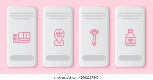 Set line Towel stack, Location pet grooming, Hair brush for dog and and Dog medicine bottle. White rectangle button. Vector