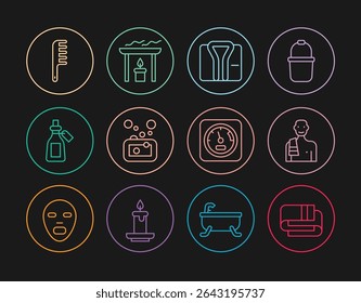 Pilha de toalhas, Homem na sauna, Roupão de banho, Bar de sabão, garrafa de óleo essencial, Escova de cabelo, termômetro de sauna e ícone de vela de aroma. Vetor
